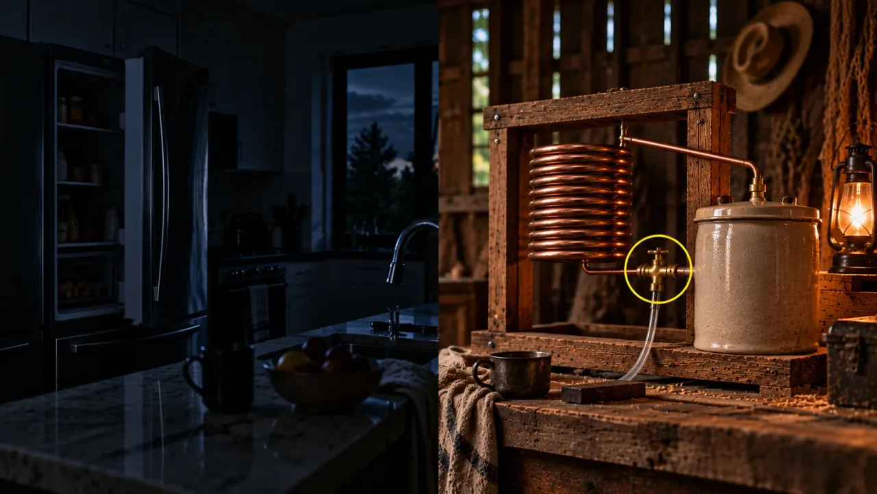 Video thumbnail: a dark kitchen with the power out, next to an old copper device in a barn, with a play button